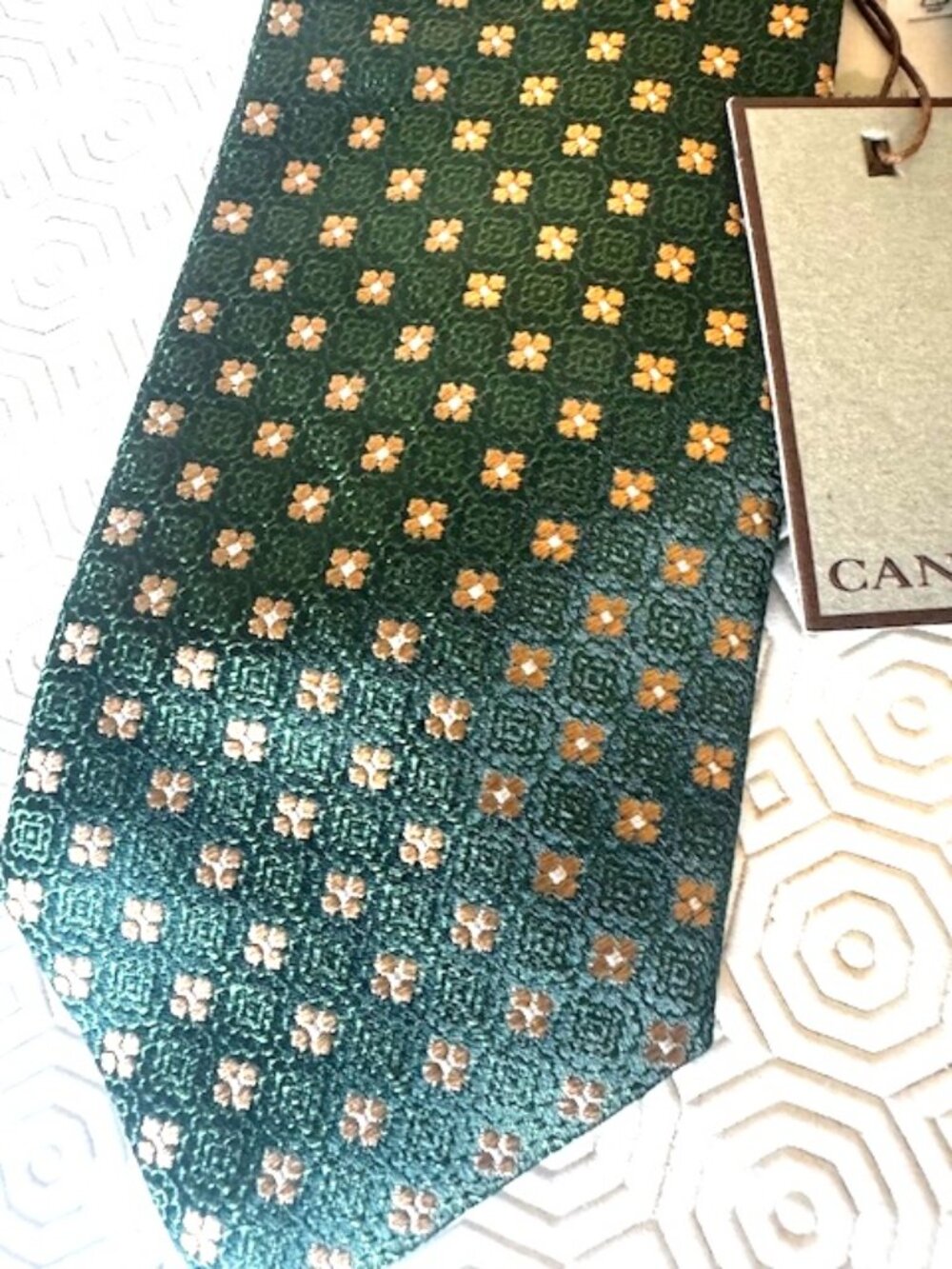 Canali Dark Green Silk Medallion Jacquard Floral Tie